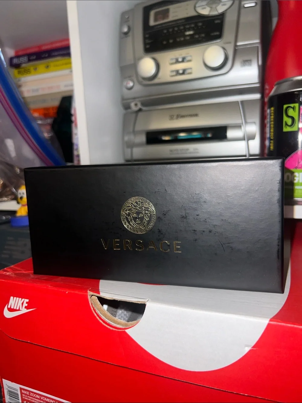 Versace Black Rectangular Sunglasses with Gold Logo Box